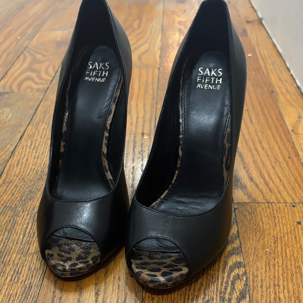 Saks Fifth Avenue Black Leopard Peep Toe Heels